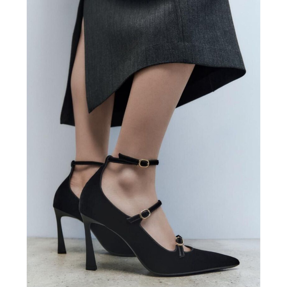ZARA Velvet Mary Jane Heels NWT Black Pointed Toe Multi Strap Pumps Size 9